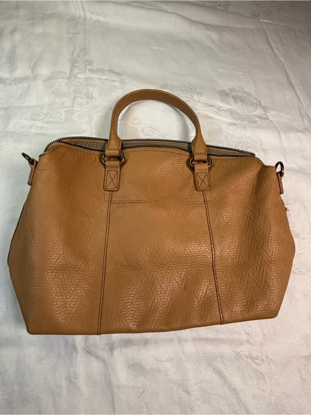 American Leather Co Tan Leather Satchel Handbag Embossed Top Handle Purse